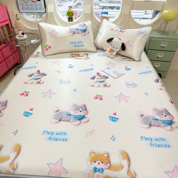 91家纺网 家纺一手货源 找家纺 丝羽坊 2026新款小版印花碳光冰丝凉席床笠款 萌宠甜心