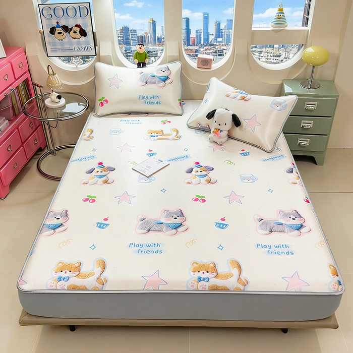 91家纺网 家纺一手货源 找家纺 丝羽坊 2026新款小版印花碳光冰丝凉席床笠款 萌宠甜心