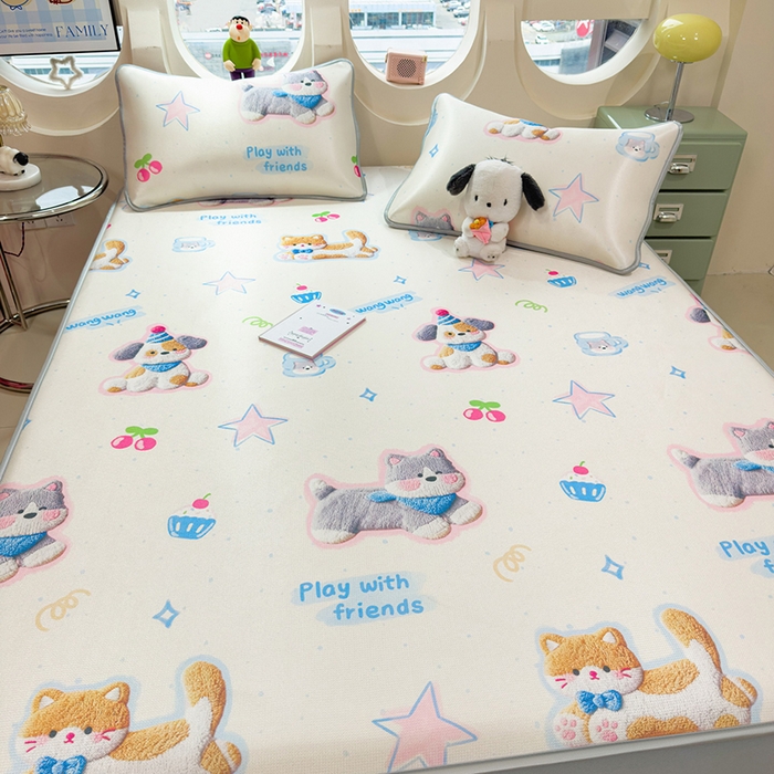 91家纺网 家纺一手货源 找家纺 丝羽坊 2026新款小版印花碳光冰丝凉席床笠款 萌宠甜心