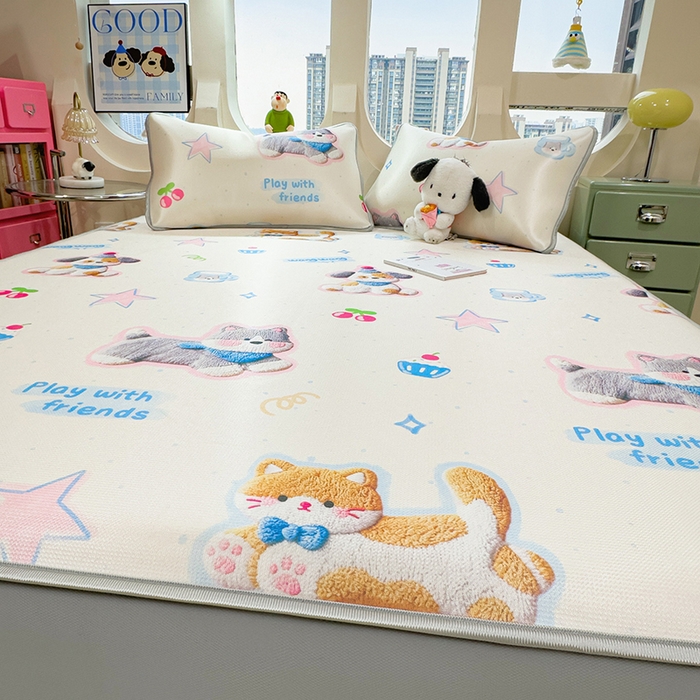 91家纺网 家纺一手货源 找家纺 丝羽坊 2026新款小版印花碳光冰丝凉席床笠款 萌宠甜心