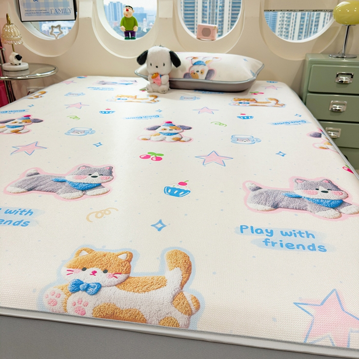 91家纺网 家纺一手货源 找家纺 丝羽坊 2026新款小版印花碳光冰丝凉席床笠款 萌宠甜心