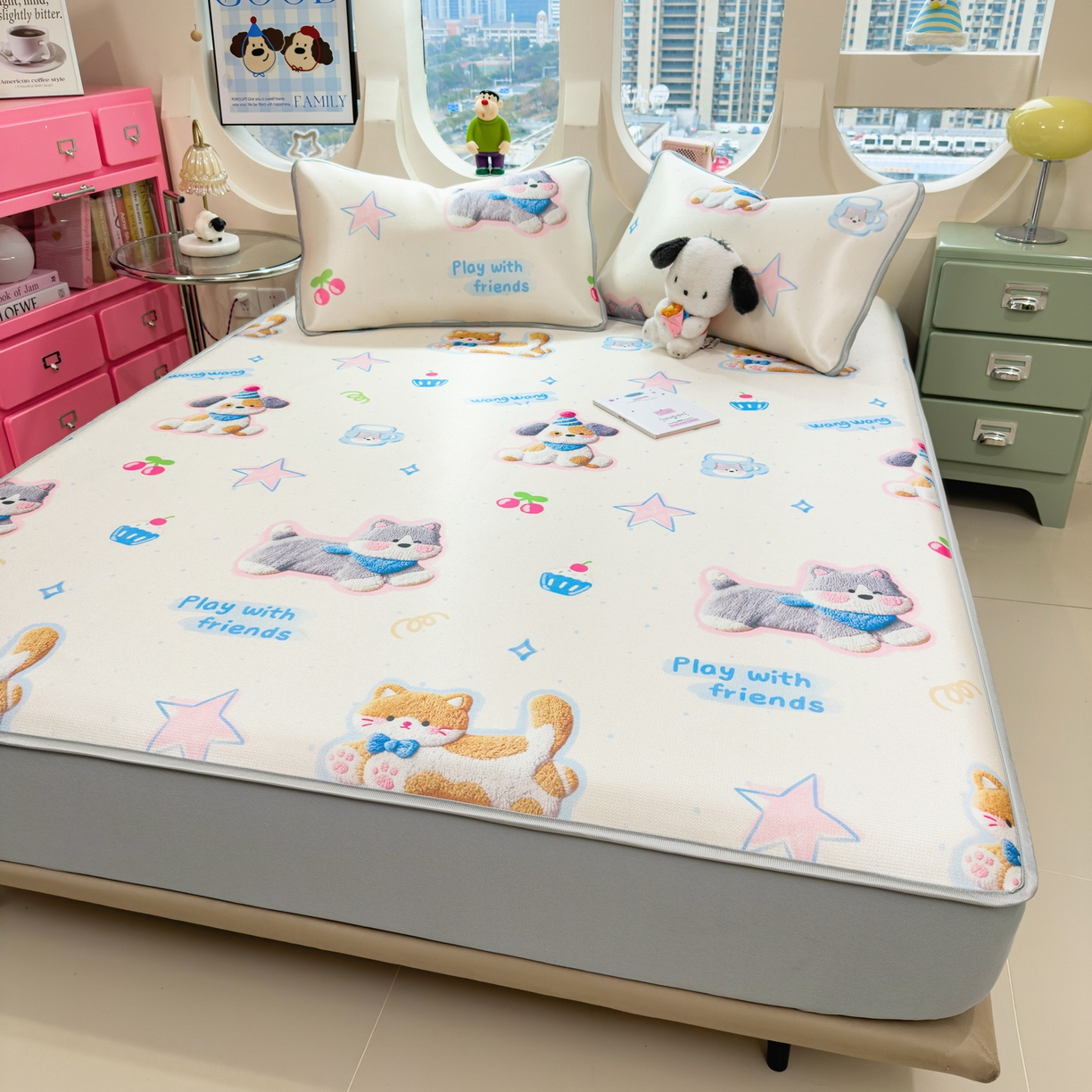 91家纺网 家纺一手货源 找家纺 丝羽坊 2026新款小版印花碳光冰丝凉席床笠款 萌宠甜心