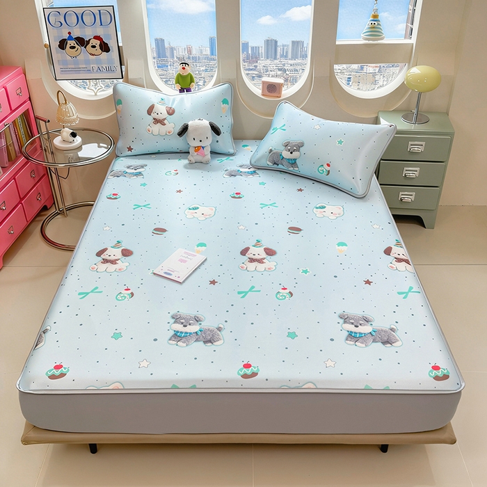 91家纺网 家纺一手货源 找家纺 丝羽坊 2026新款小版印花碳光冰丝凉席床笠款 小犬时光