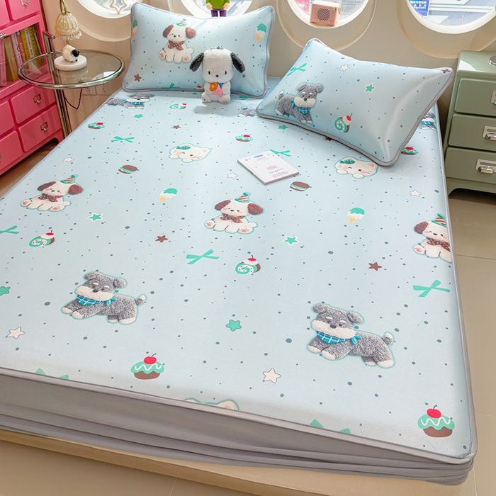 91家纺网 家纺一手货源 找家纺 丝羽坊 2026新款小版印花碳光冰丝凉席床笠款 小犬时光