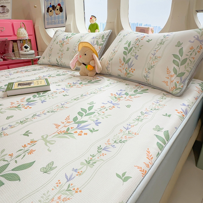 91家纺网 家纺一手货源 找家纺 丝羽坊 2026新款小版印花碳光冰丝凉席床笠款 叶语