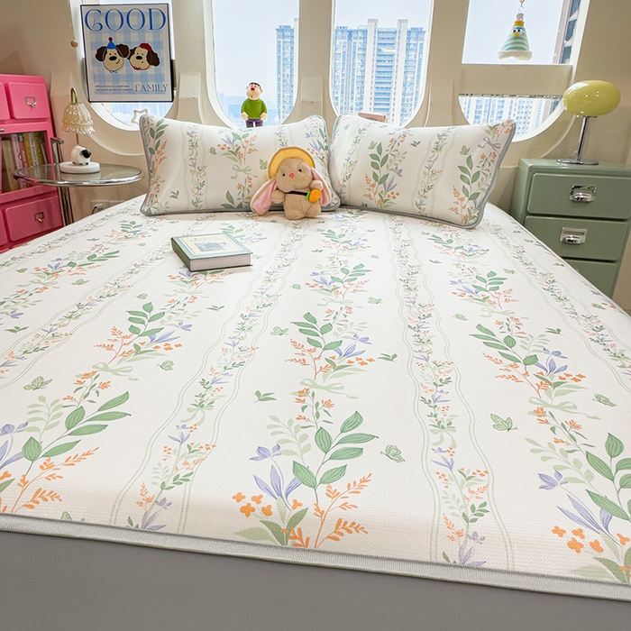 91家纺网 家纺一手货源 找家纺 丝羽坊 2026新款小版印花碳光冰丝凉席床笠款 叶语