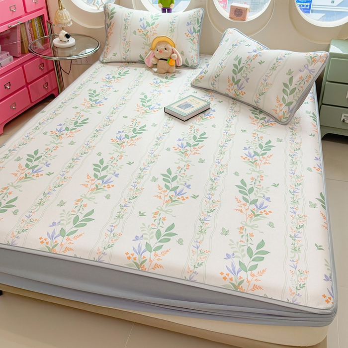 91家纺网 家纺一手货源 找家纺 丝羽坊 2026新款小版印花碳光冰丝凉席床笠款 叶语