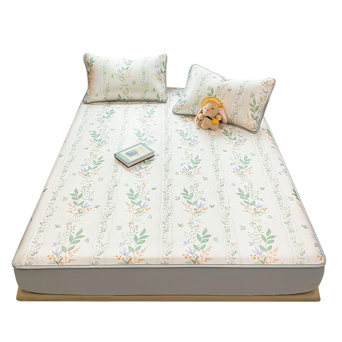 91家纺网 家纺一手货源 找家纺 丝羽坊 2026新款小版印花碳光冰丝凉席床笠款 叶语