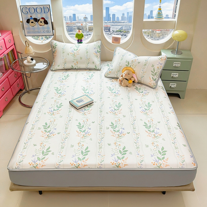 91家纺网 家纺一手货源 找家纺 丝羽坊 2026新款小版印花碳光冰丝凉席床笠款 叶语