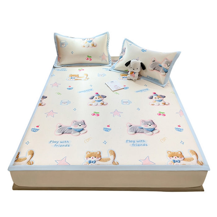 91家纺网 家纺一手货源 找家纺 丝羽坊 2026新款小版印花碳光冰丝凉席平铺款 萌宠甜心