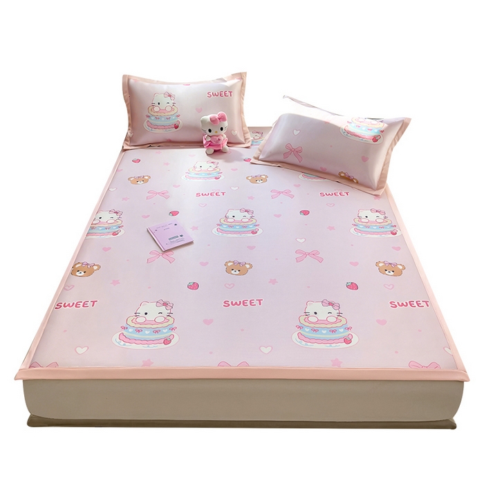 91家纺网 家纺一手货源 找家纺 丝羽坊 2026新款小版印花碳光冰丝凉席平铺款 蛋糕猫