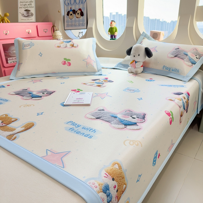 91家纺网 家纺一手货源 找家纺 丝羽坊 2026新款小版印花碳光冰丝凉席平铺款 萌宠甜心