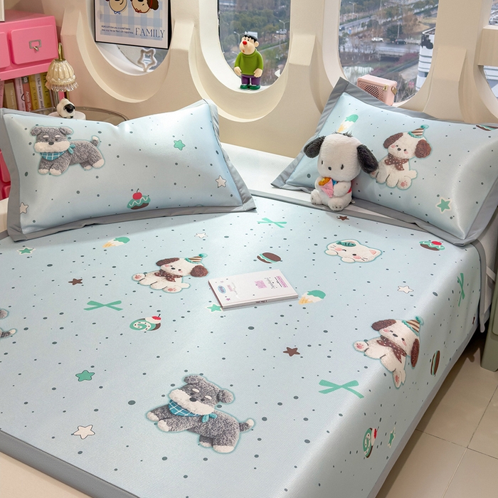 91家纺网 家纺一手货源 找家纺 丝羽坊 2026新款小版印花碳光冰丝凉席平铺款 小犬时光