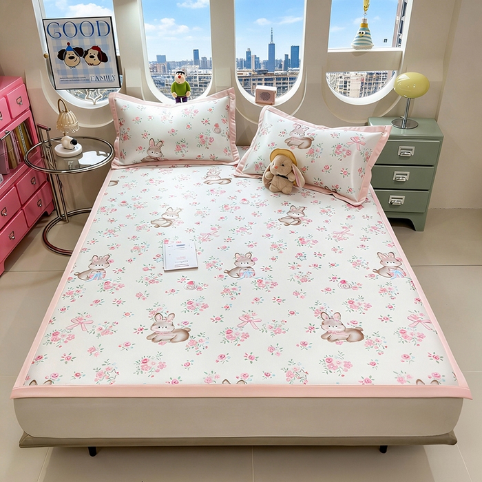 91家纺网 家纺一手货源 找家纺 丝羽坊 2026新款小版印花碳光冰丝凉席平铺款 花甜兔