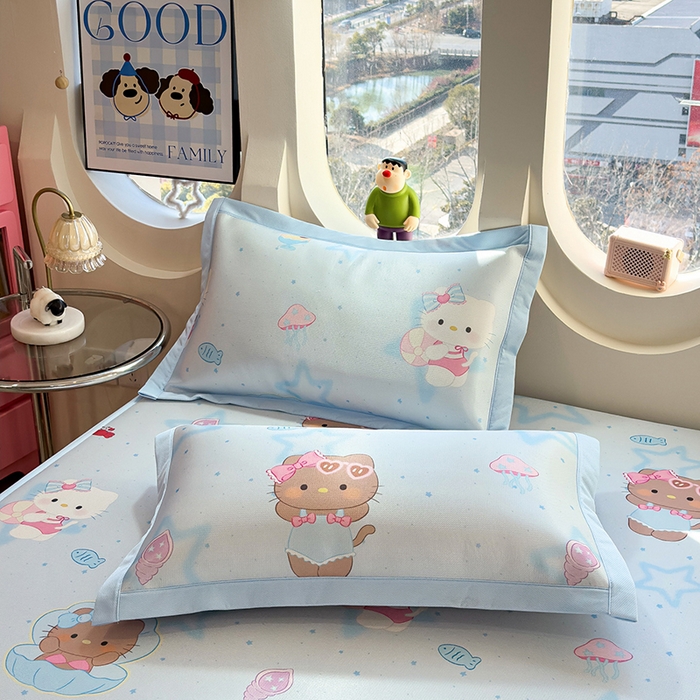 91家纺网 家纺一手货源 找家纺 丝羽坊 2026新款小版印花碳光冰丝凉席平铺款 星海萌猫