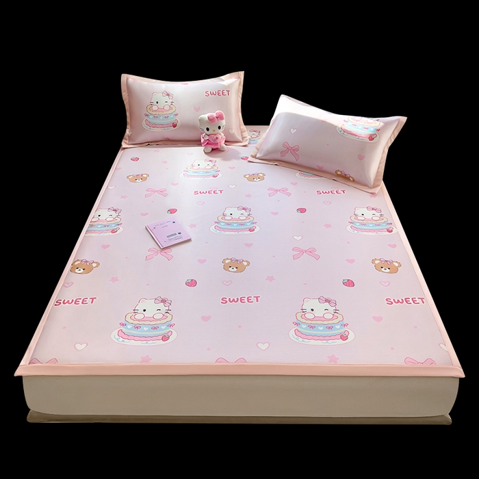 91家纺网 家纺一手货源 找家纺 丝羽坊 2026新款小版印花碳光冰丝凉席平铺款 蛋糕猫