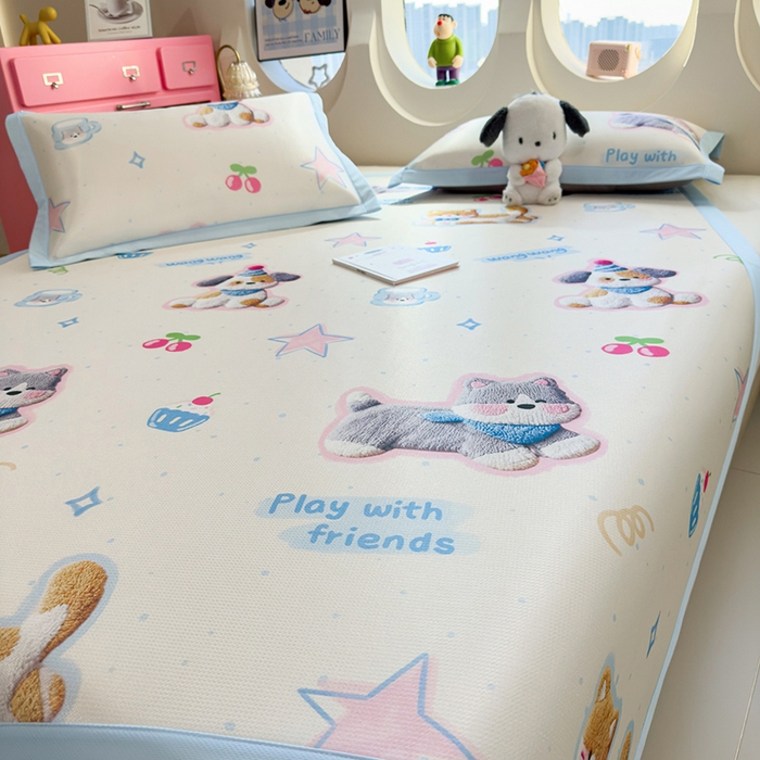 91家纺网 家纺一手货源 找家纺 丝羽坊 2026新款小版印花碳光冰丝凉席平铺款 萌宠甜心