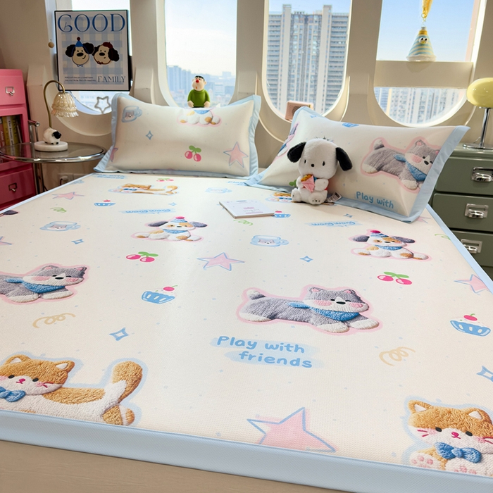 91家纺网 家纺一手货源 找家纺 丝羽坊 2026新款小版印花碳光冰丝凉席平铺款 萌宠甜心