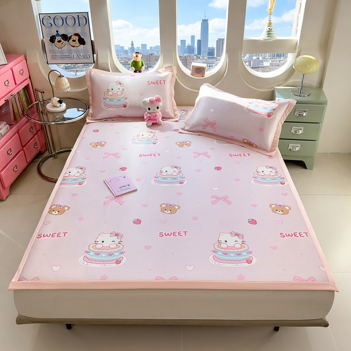 91家纺网 家纺一手货源 找家纺 丝羽坊 2026新款小版印花碳光冰丝凉席平铺款 蛋糕猫