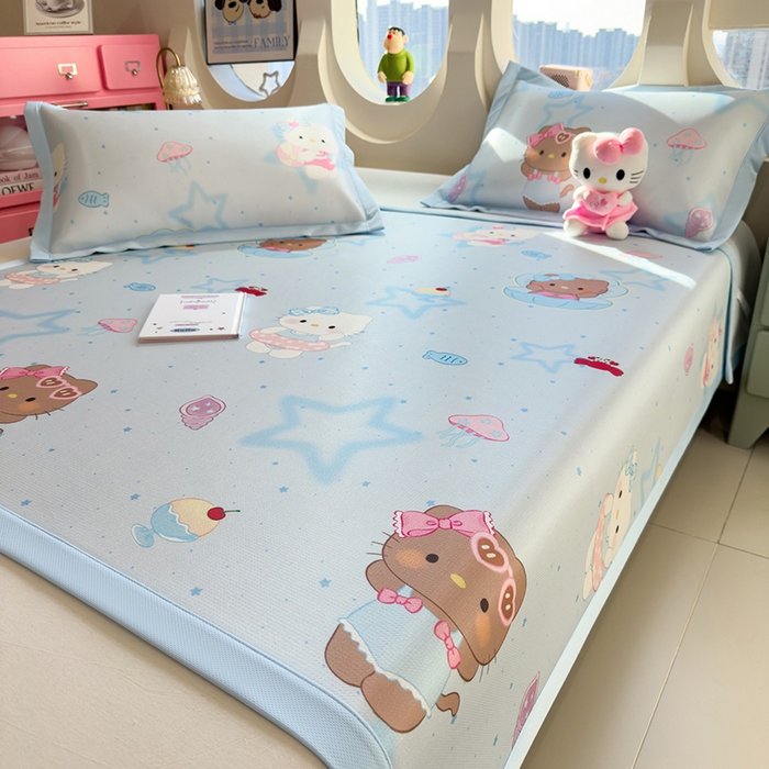 91家纺网 家纺一手货源 找家纺 丝羽坊 2026新款小版印花碳光冰丝凉席平铺款 星海萌猫