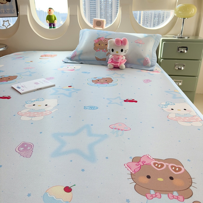 91家纺网 家纺一手货源 找家纺 丝羽坊 2026新款小版印花碳光冰丝凉席平铺款 星海萌猫