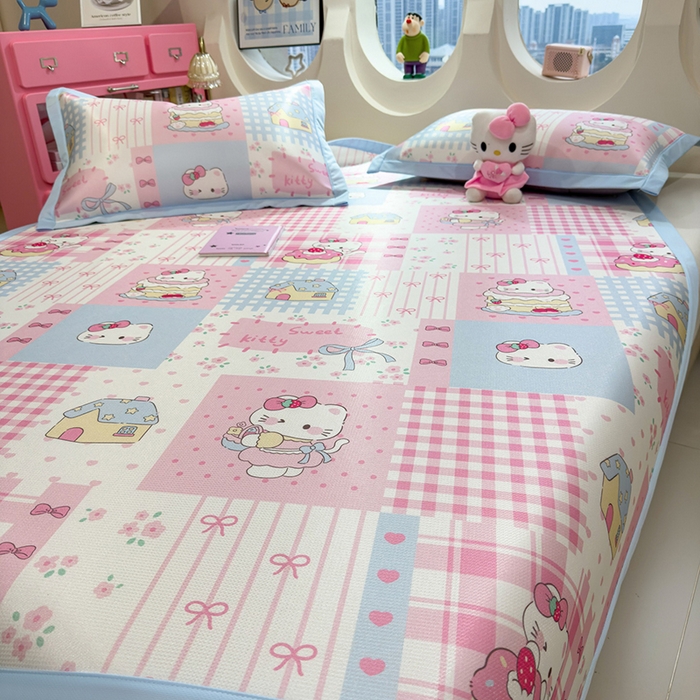 91家纺网 家纺一手货源 找家纺 丝羽坊 2026新款小版印花碳光冰丝凉席平铺款 星梦喵屋