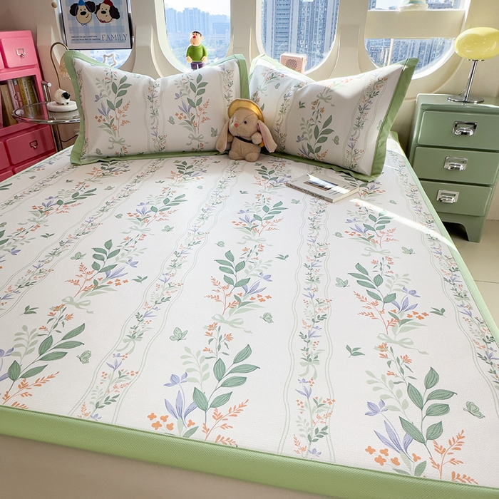 91家纺网 家纺一手货源 找家纺 丝羽坊 2026新款小版印花碳光冰丝凉席平铺款 叶语