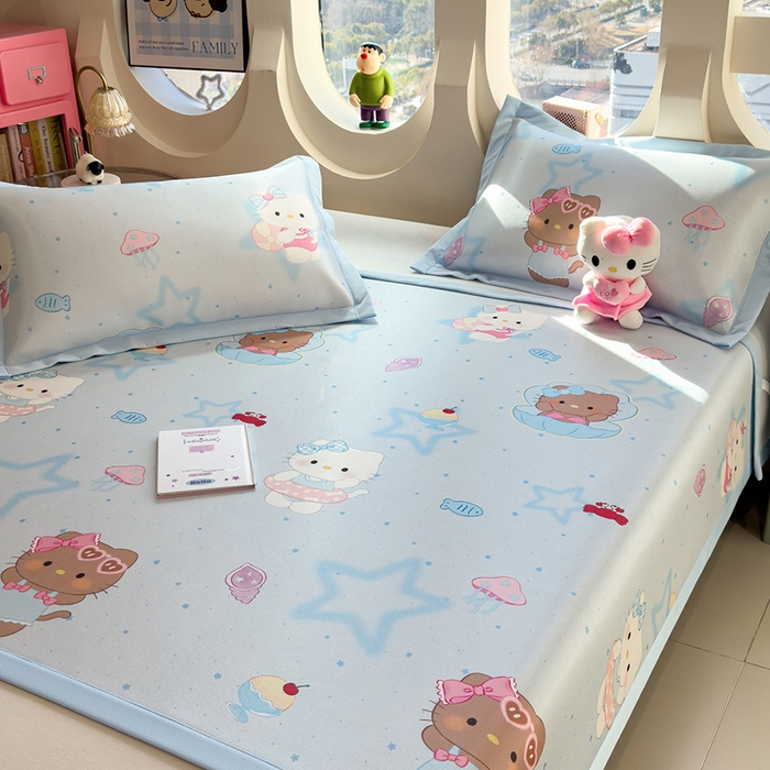 91家纺网 家纺一手货源 找家纺 丝羽坊 2026新款小版印花碳光冰丝凉席平铺款 星海萌猫