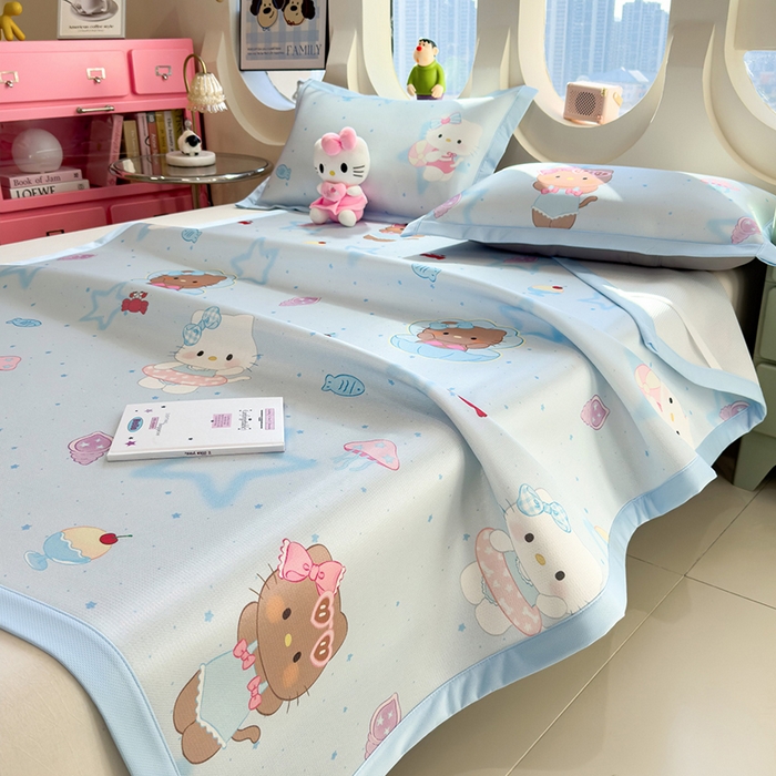 91家纺网 家纺一手货源 找家纺 丝羽坊 2026新款小版印花碳光冰丝凉席平铺款 星海萌猫