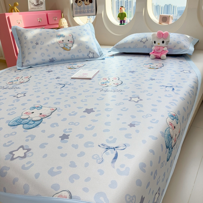 91家纺网 家纺一手货源 找家纺 丝羽坊 2026新款小版印花碳光冰丝凉席平铺款 兔猫集