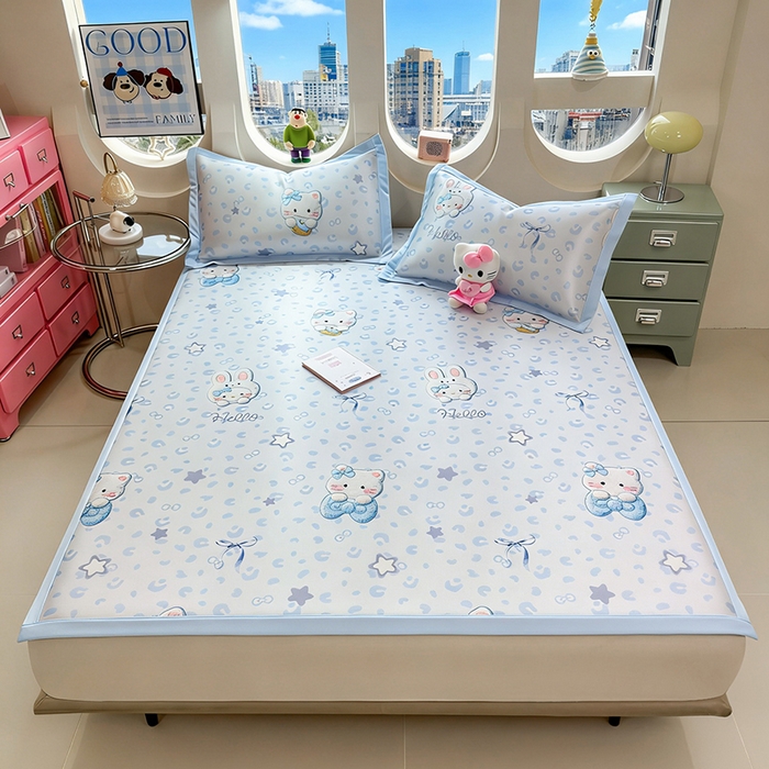 91家纺网 家纺一手货源 找家纺 丝羽坊 2026新款小版印花碳光冰丝凉席平铺款 兔猫集