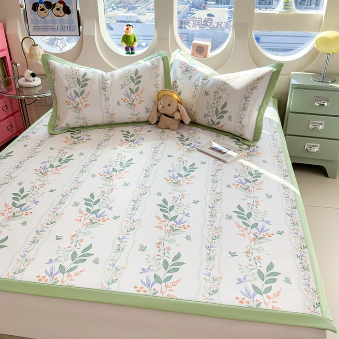 91家纺网 家纺一手货源 找家纺 丝羽坊 2026新款小版印花碳光冰丝凉席平铺款 叶语