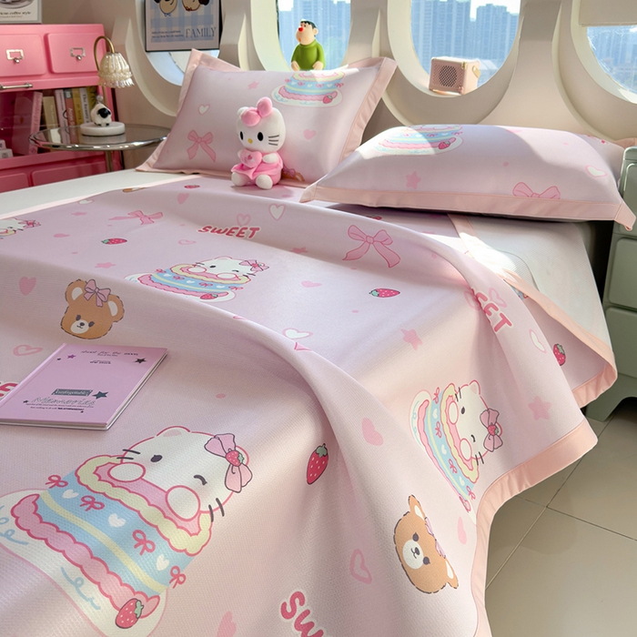 91家纺网 家纺一手货源 找家纺 丝羽坊 2026新款小版印花碳光冰丝凉席平铺款 蛋糕猫