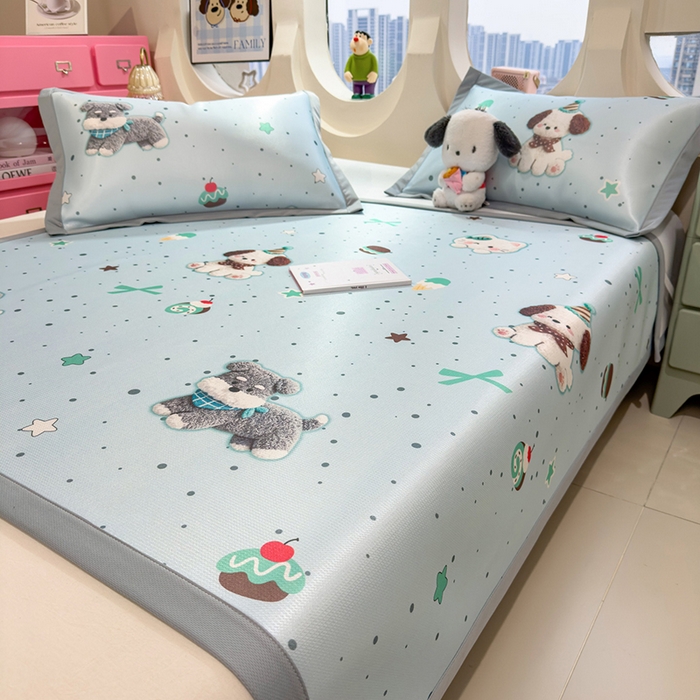 91家纺网 家纺一手货源 找家纺 丝羽坊 2026新款小版印花碳光冰丝凉席平铺款 小犬时光