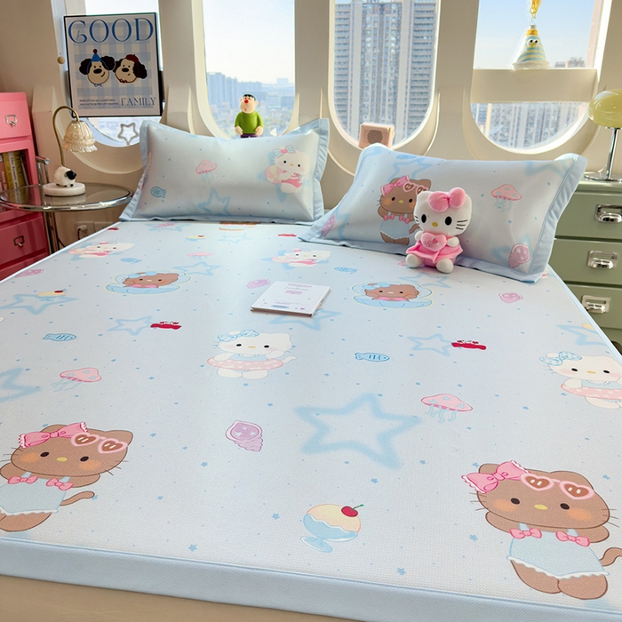 91家纺网 家纺一手货源 找家纺 丝羽坊 2026新款小版印花碳光冰丝凉席平铺款 星海萌猫