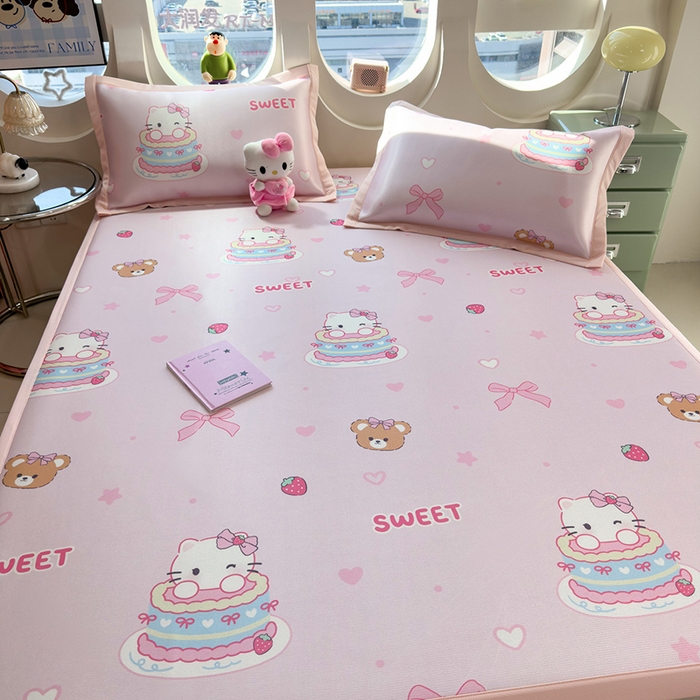 91家纺网 家纺一手货源 找家纺 丝羽坊 2026新款小版印花碳光冰丝凉席平铺款 蛋糕猫