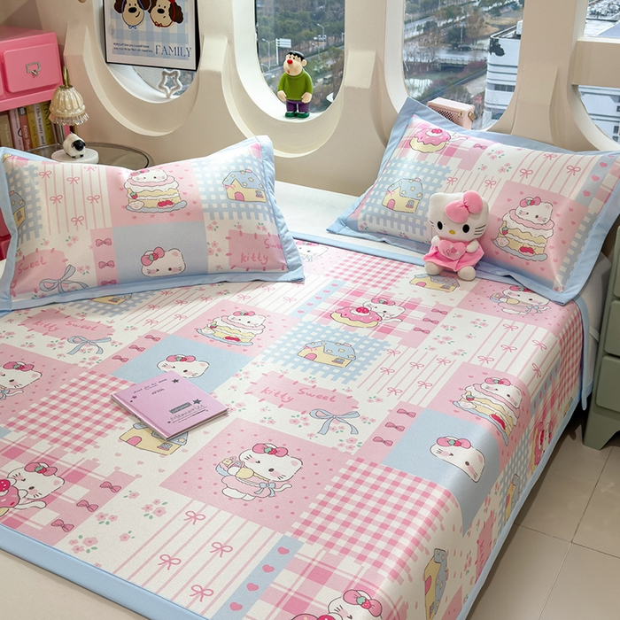 91家纺网 家纺一手货源 找家纺 丝羽坊 2026新款小版印花碳光冰丝凉席平铺款 星梦喵屋