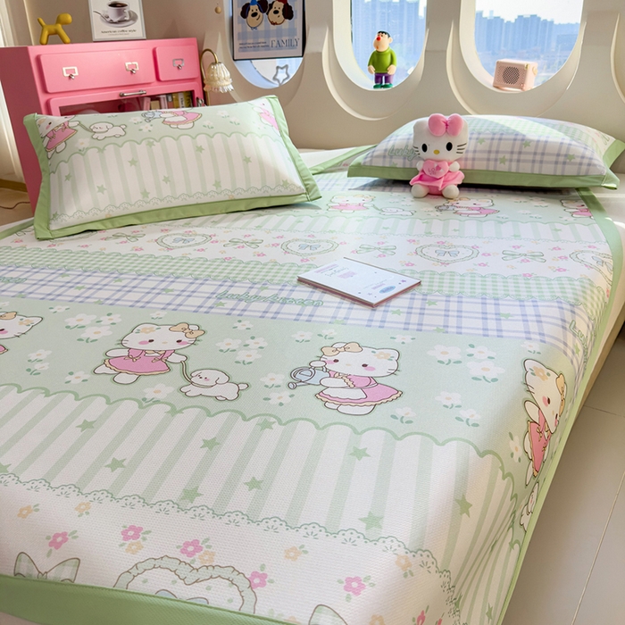 91家纺网 家纺一手货源 找家纺 丝羽坊 2026新款小版印花碳光冰丝凉席平铺款 春日猫记