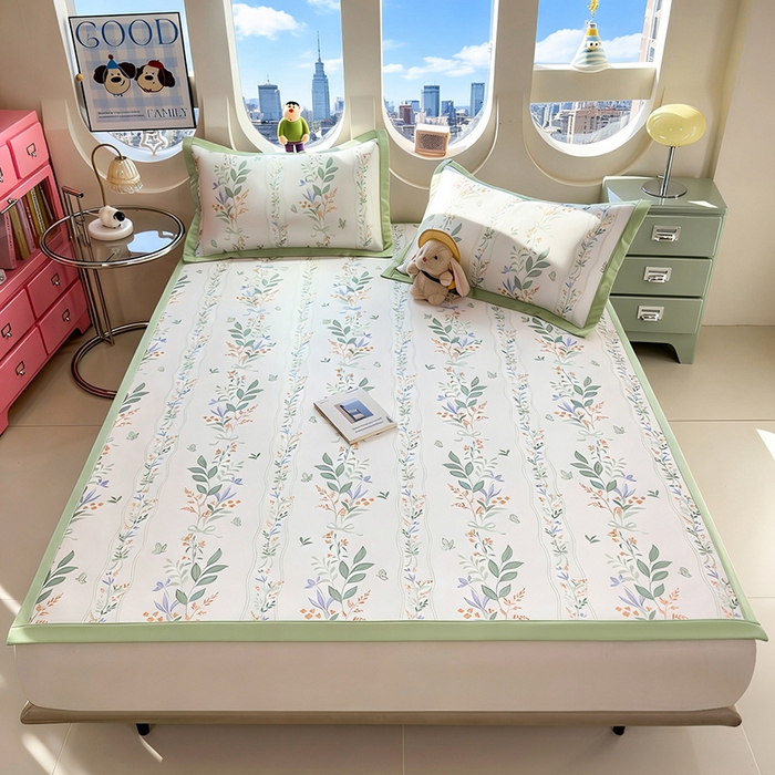 91家纺网 家纺一手货源 找家纺 丝羽坊 2026新款小版印花碳光冰丝凉席平铺款 叶语