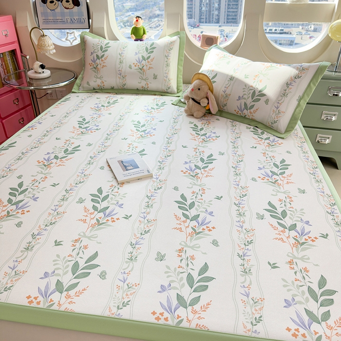 91家纺网 家纺一手货源 找家纺 丝羽坊 2026新款小版印花碳光冰丝凉席平铺款 叶语