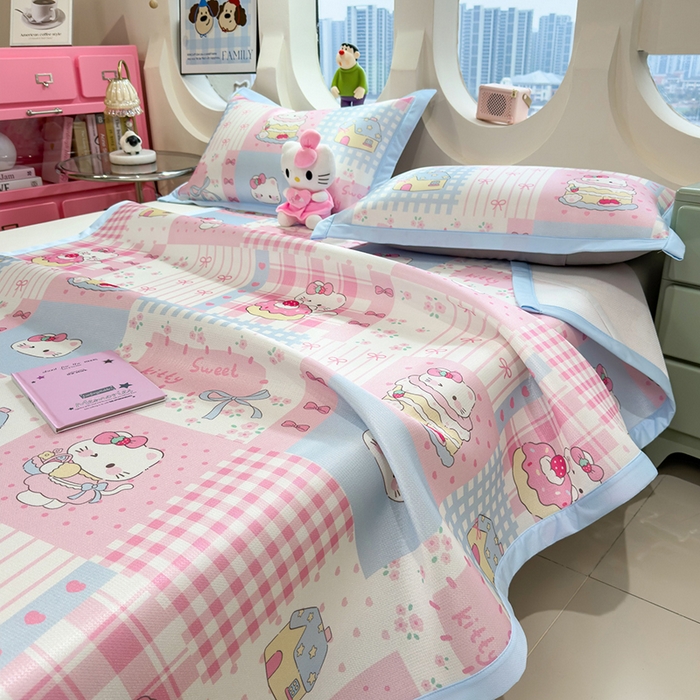 91家纺网 家纺一手货源 找家纺 丝羽坊 2026新款小版印花碳光冰丝凉席平铺款 星梦喵屋