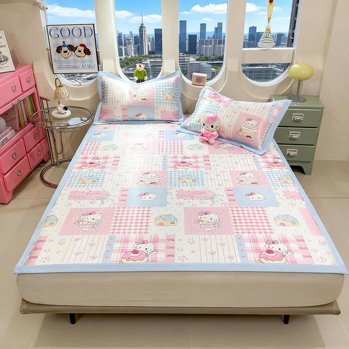 91家纺网 家纺一手货源 找家纺 丝羽坊 2026新款小版印花碳光冰丝凉席平铺款 星梦喵屋