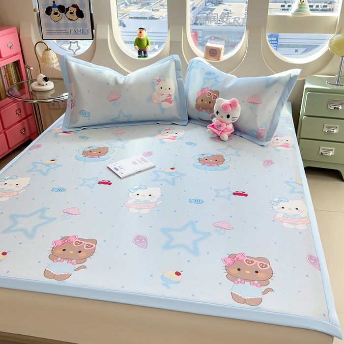 91家纺网 家纺一手货源 找家纺 丝羽坊 2026新款小版印花碳光冰丝凉席平铺款 星海萌猫