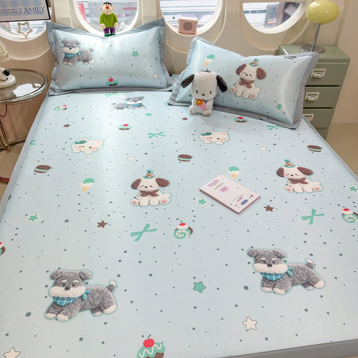 91家纺网 家纺一手货源 找家纺 丝羽坊 2026新款小版印花碳光冰丝凉席平铺款 小犬时光