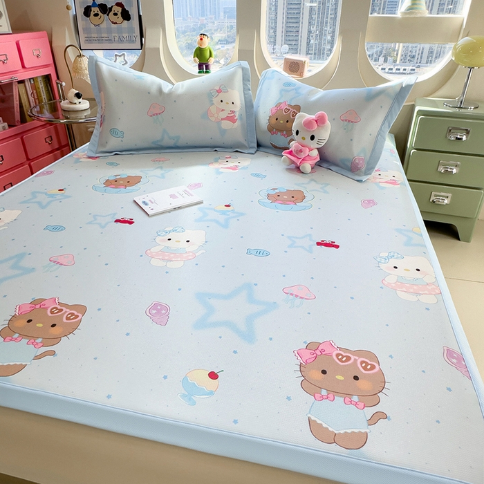 91家纺网 家纺一手货源 找家纺 丝羽坊 2026新款小版印花碳光冰丝凉席平铺款 星海萌猫