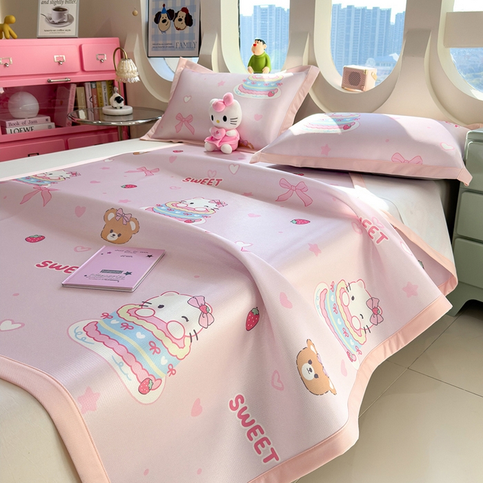 91家纺网 家纺一手货源 找家纺 丝羽坊 2026新款小版印花碳光冰丝凉席平铺款 蛋糕猫