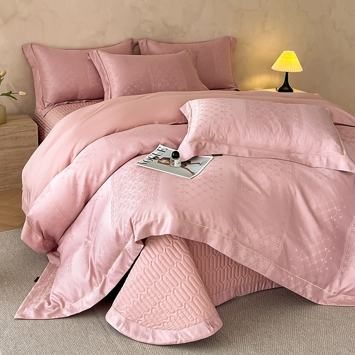 91家纺网 家纺一手货源 找家纺 大麦家纺 2026新款水洗真丝提花床盖四件套丝韵繁花 丝韵繁花-豆沙色