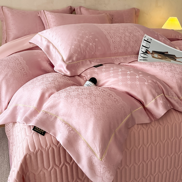 91家纺网 家纺一手货源 找家纺 大麦家纺 2026新款水洗真丝提花床盖四件套丝韵繁花 丝韵繁花-豆沙色