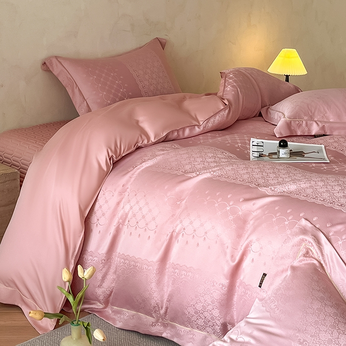 91家纺网 家纺一手货源 找家纺 大麦家纺 2026新款水洗真丝提花床盖四件套丝韵繁花 丝韵繁花-豆沙色