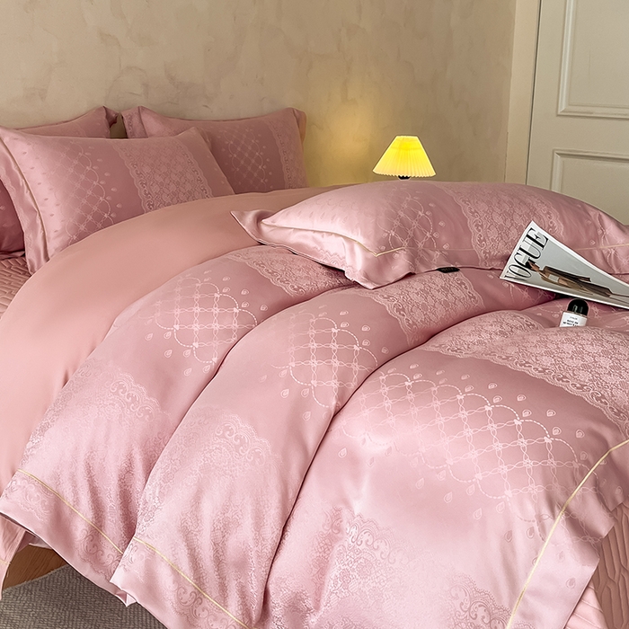 91家纺网 家纺一手货源 找家纺 大麦家纺 2026新款水洗真丝提花床盖四件套丝韵繁花 丝韵繁花-豆沙色